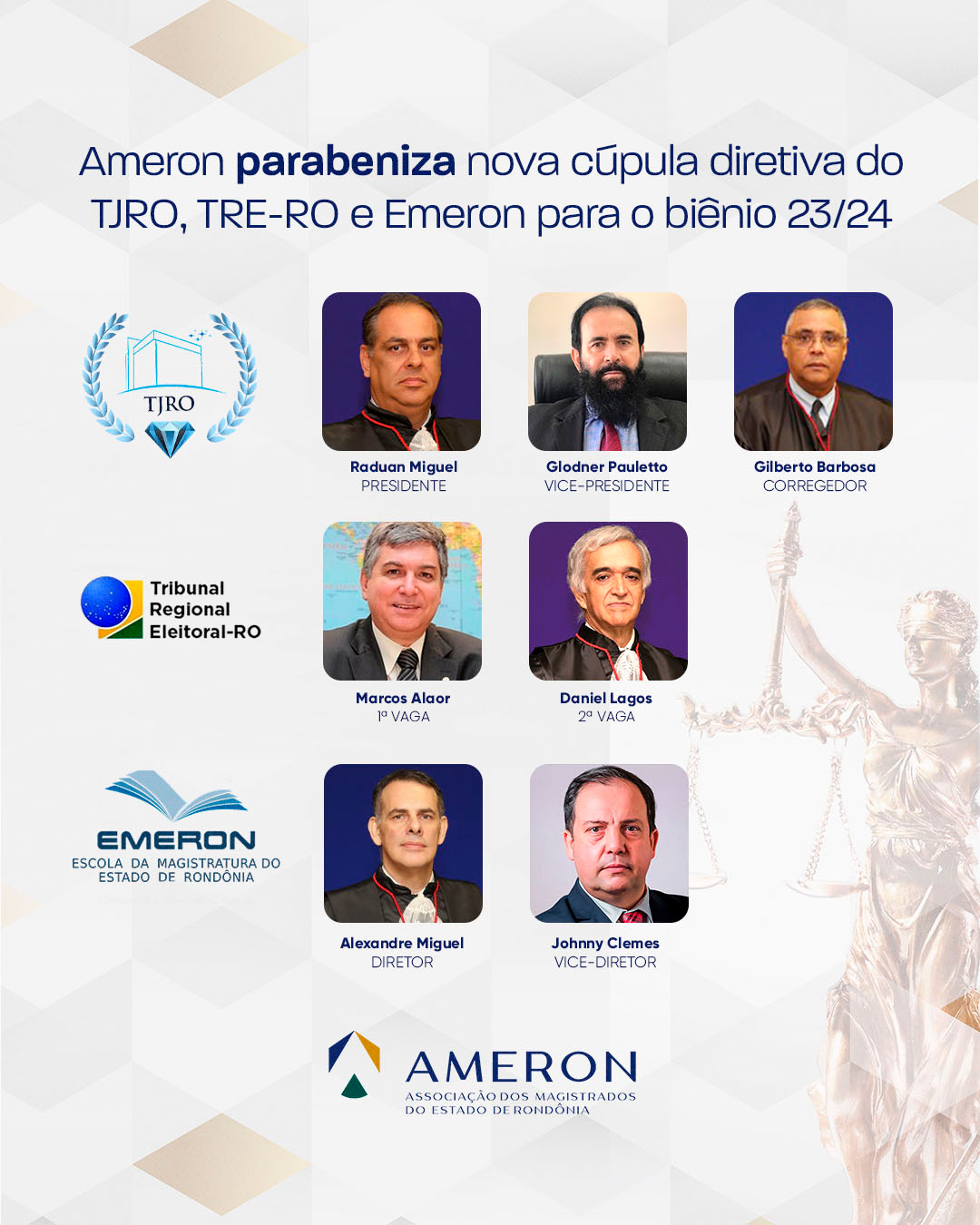 Leia mais sobre o artigo Ameron parabeniza nova cúpula diretiva do TJRO, TRE-RO e Emeron para o biênio 23/24
